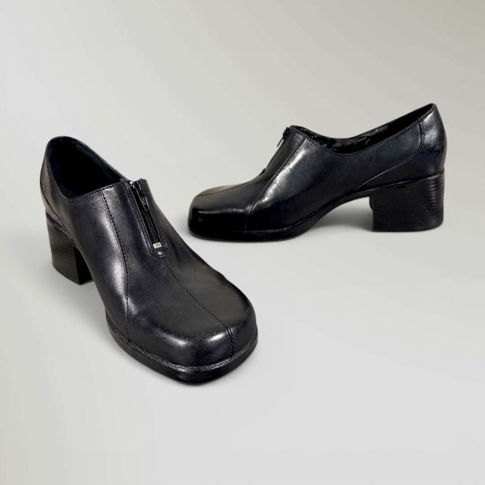 Clarks Black Leather Block Heel Ankle Boot Shoe Zipper Officewear Size 11
